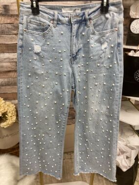 Altar'd State Pearl-Embellished Light Wash Wide-Leg Jeans